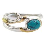 Silver and 14ct gold wire turquoise and pearl ring