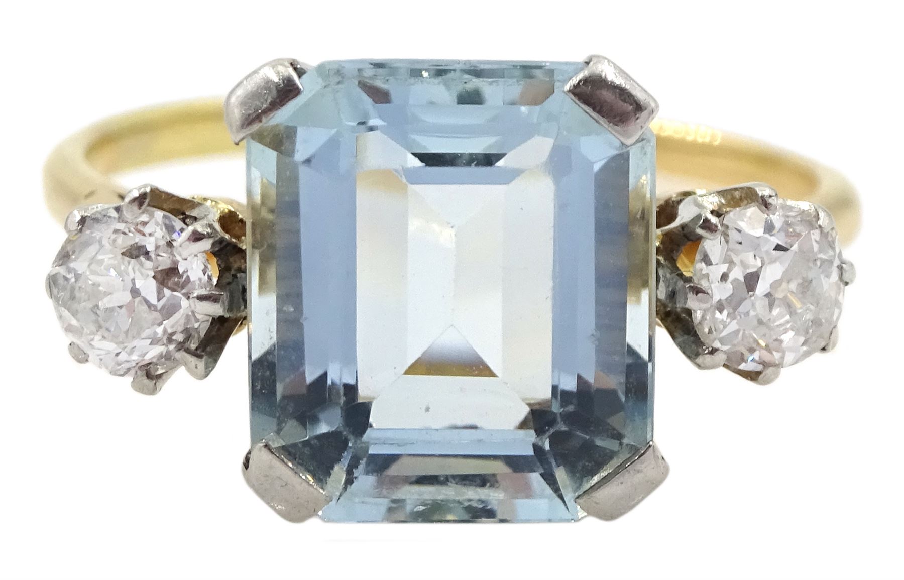 Mid 20th century mixed emerald cut aquamarine and old cut diamond three stone ring