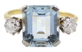 Mid 20th century mixed emerald cut aquamarine and old cut diamond three stone ring