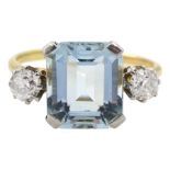 Mid 20th century mixed emerald cut aquamarine and old cut diamond three stone ring
