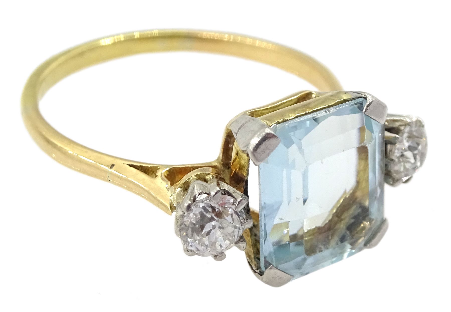 Mid 20th century mixed emerald cut aquamarine and old cut diamond three stone ring - Image 3 of 4