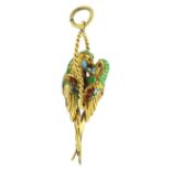 18ct gold and enamel embracing parrots pendant