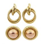 Pair of gold circular stud earrings and one other pair of knot earrings