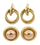 Pair of gold circular stud earrings and one other pair of knot earrings