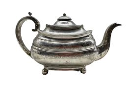 George III silver teapot of rectangular design engraved with bands of trailing leaves within a gadro