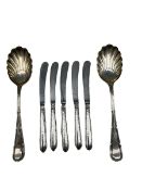 Pair of silver serving spoons with fluted bowls Sheffield 1918 Maker R Mosley 6oz and five silver ha
