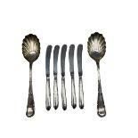 Pair of silver serving spoons with fluted bowls Sheffield 1918 Maker R Mosley 6oz and five silver ha