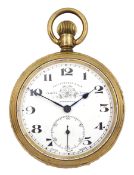 Early 20th century gold-plated open face keyless lever pocket watch by Thomas Russell & Son Liverpoo