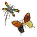 Silver tri-coloured Baltic amber butterfly brooch and silver plique-a-jour and marcasite dragonfly b