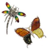 Silver tri-coloured Baltic amber butterfly brooch and silver plique-a-jour and marcasite dragonfly b