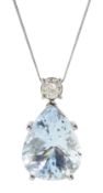 18ct white gold pear shaped aquamarine and round brilliant cut diamond pendant necklace