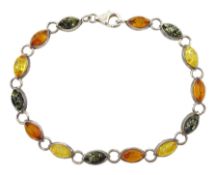 Silver tri-coloured marquise Baltic amber bracelet
