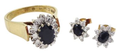 Gold sapphire and diamond chip cluster ring and a pair of gold sapphire and cubic zirconia cluster s