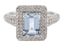 18ct white gold emerald cut aquamarine and diamond cluster ring
