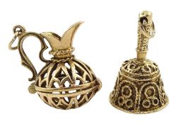 Gold jug with hinged opening pendant/charm and a gold bell pendant/charm