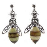 Pair of silver Baltic amber bee pendant earrings