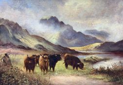 F G Radford (British early 20th century): Highland Cattle Watering