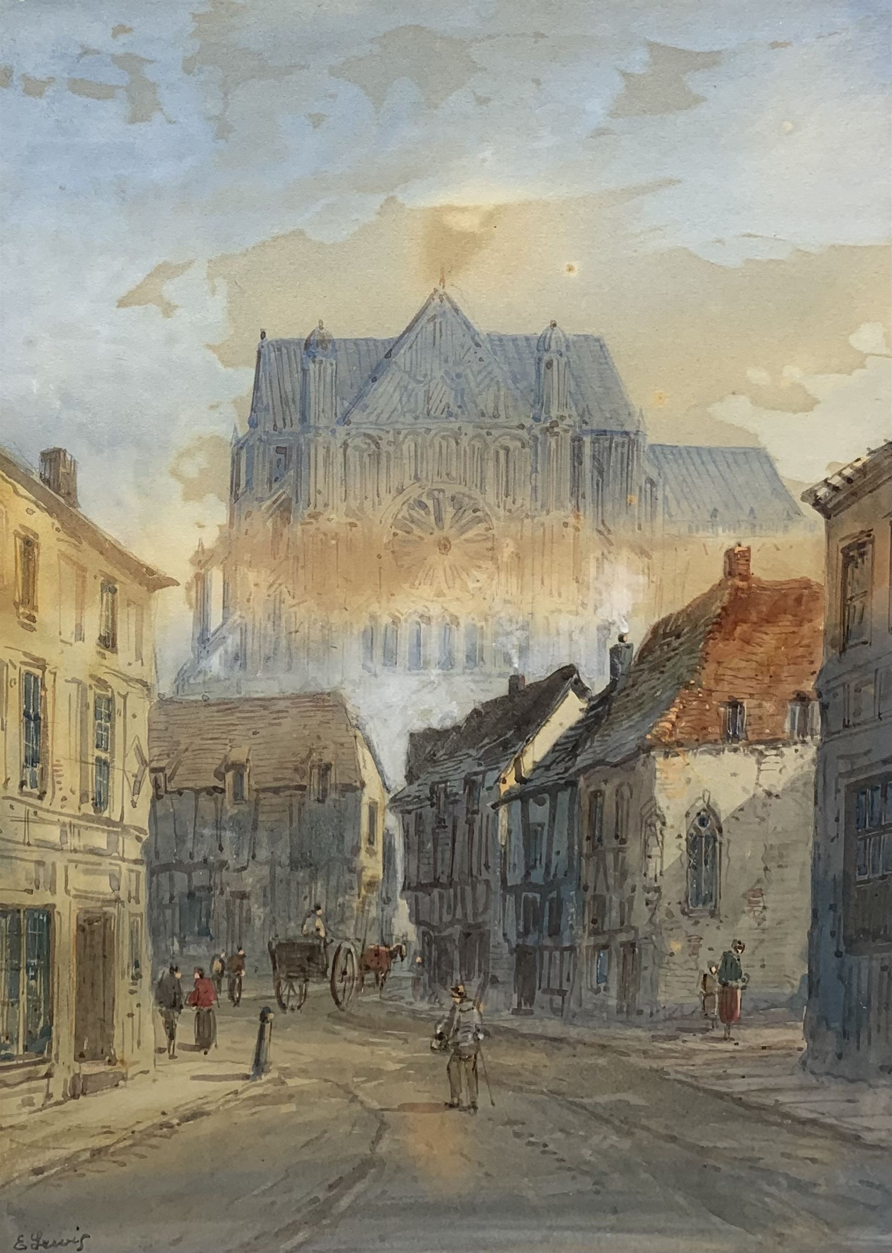E Lewis (British 19th century): Street Scene of Reims with view of Cathedral