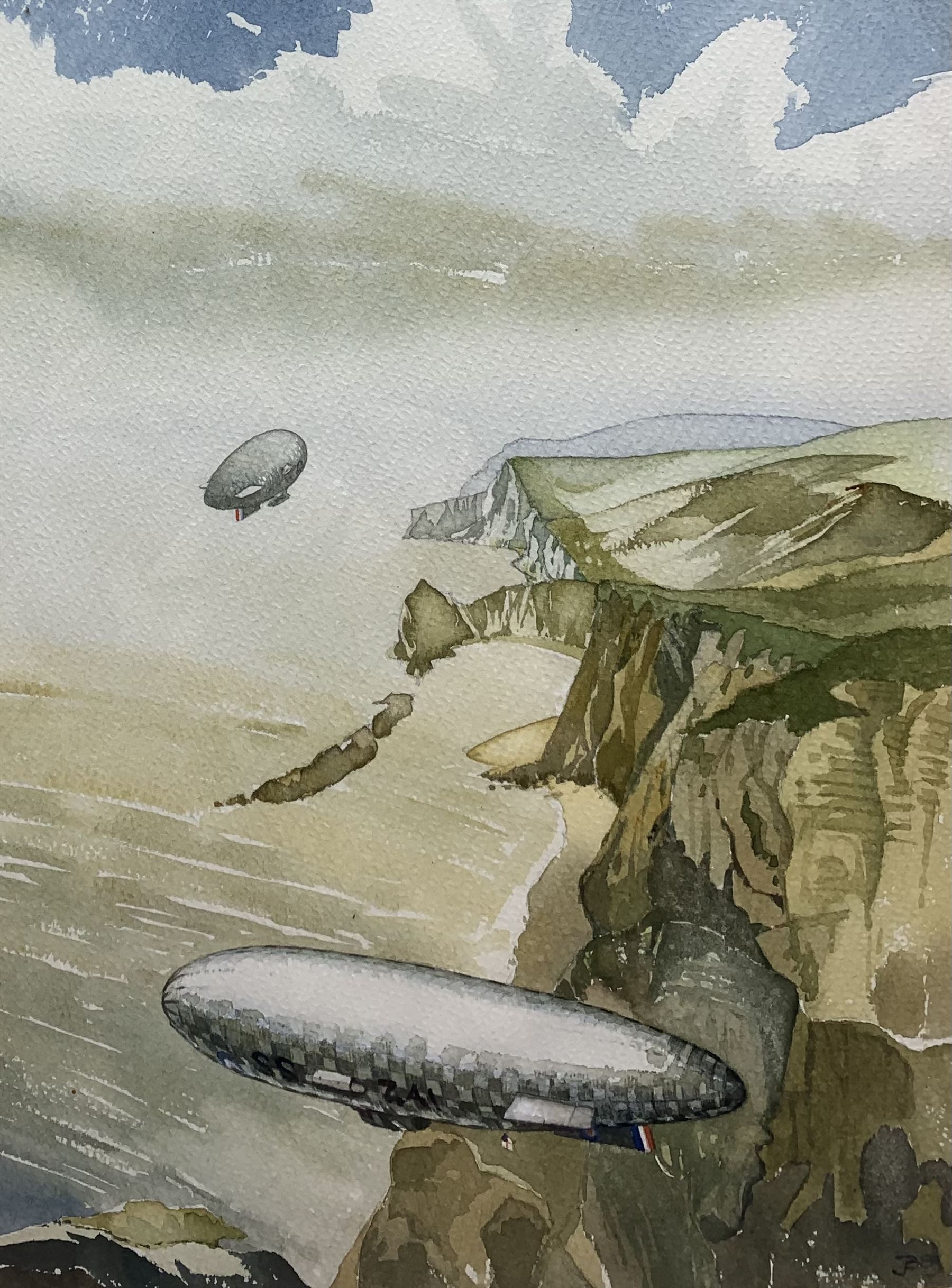 J B (British 20th century): Zeppelins Bearing French Flag Flying over Coast