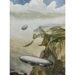 J B (British 20th century): Zeppelins Bearing French Flag Flying over Coast