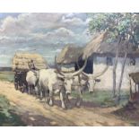 R B David (British early 20th century): Ox Cart and Rice Farmer