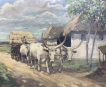 R B David (British early 20th century): Ox Cart and Rice Farmer