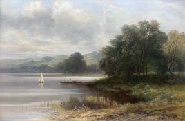 Frederick Tom Sibley (British 1837-1912): Lake Landscape with Jetty and Sailboat