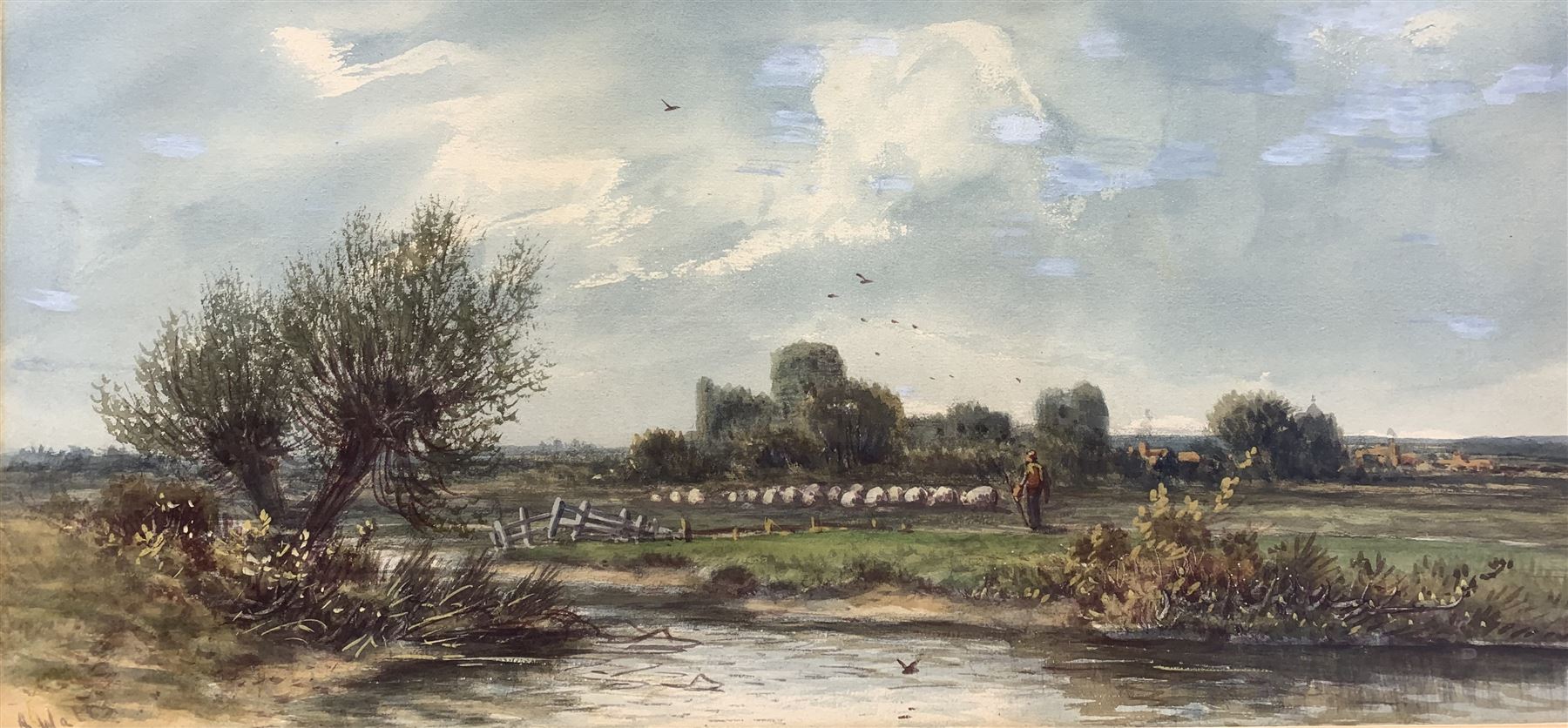 A Watts (British 19th/20th century): Sheep Gazing by the Riverside
