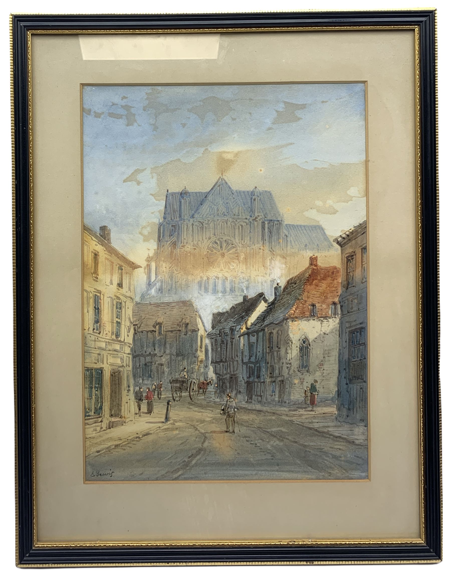 E Lewis (British 19th century): Street Scene of Reims with view of Cathedral - Image 2 of 2