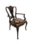 Edwardian mahogany chair with inlayed cresting rail and pierced splat over upholstered seat