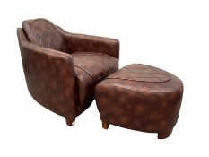 'Aviator' armchair upholstered in brown leather together with footstool