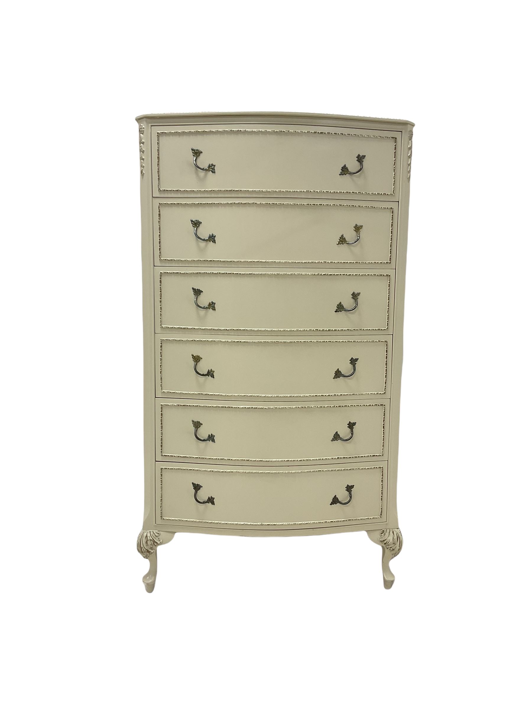 French style cream and gilt bow front chest