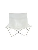 White lounge chair in white leather supported by a metal frame