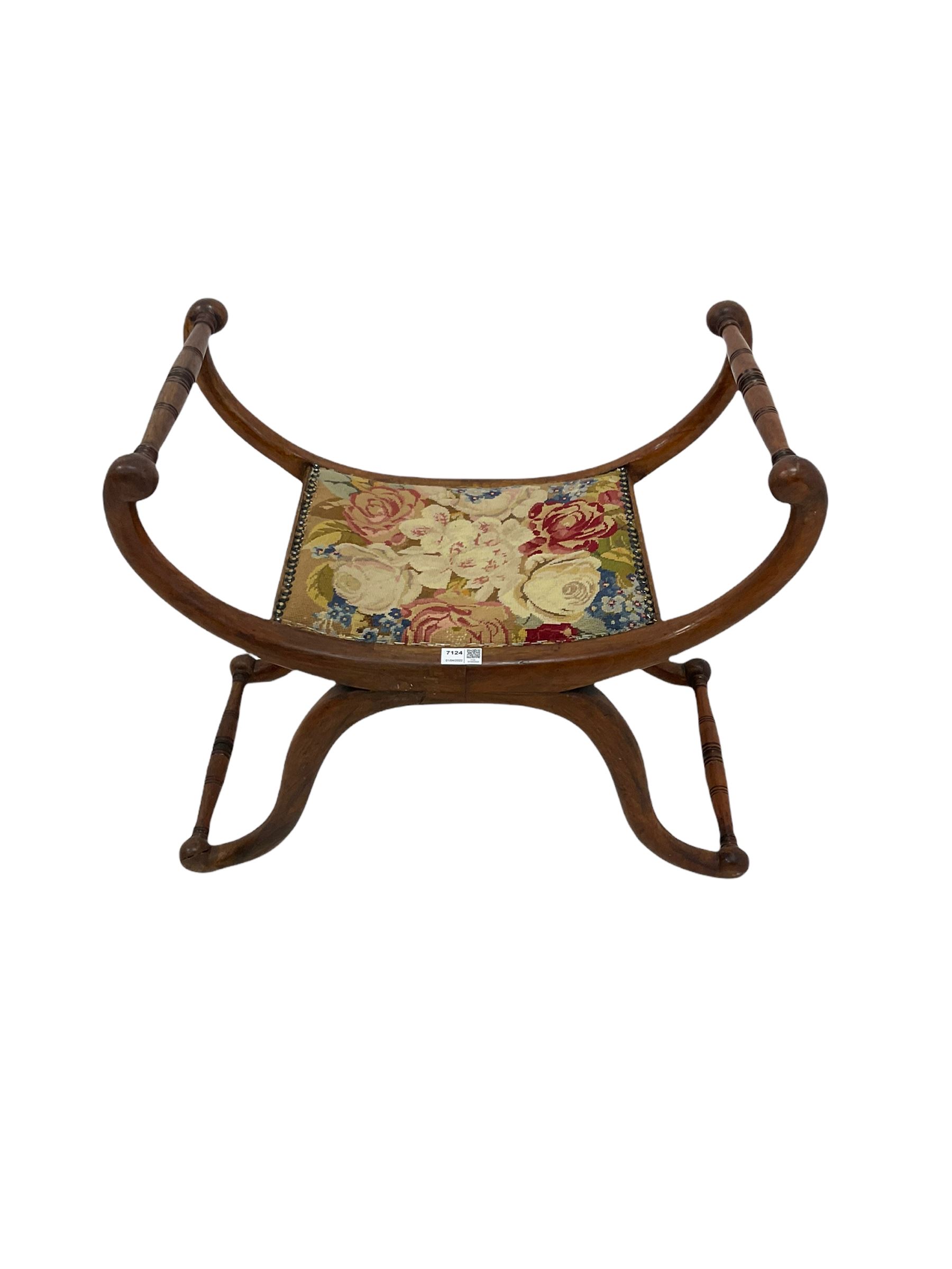 19th century walnut stool with seat upholstered in floral fabric - Image 2 of 4