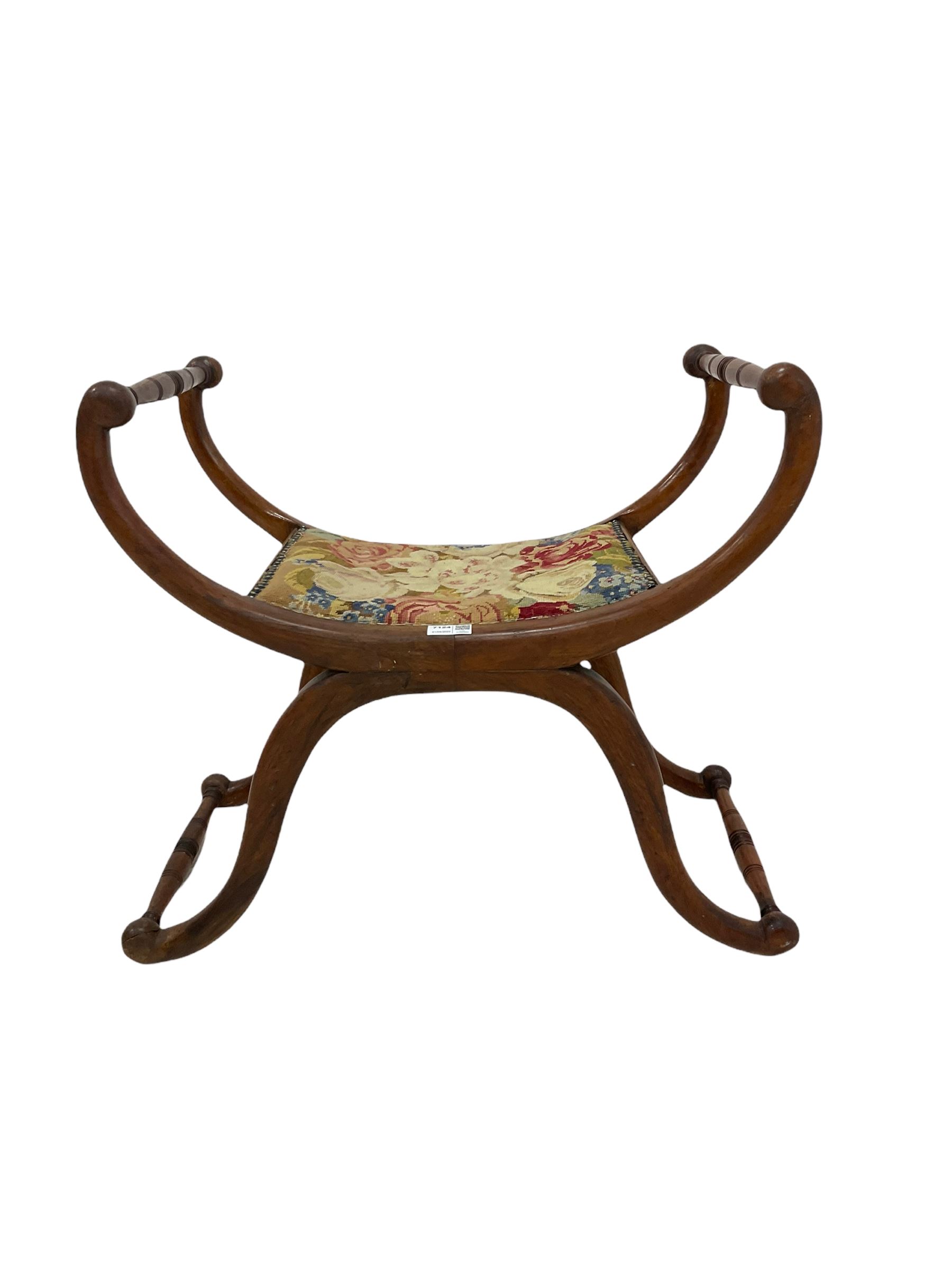 19th century walnut stool with seat upholstered in floral fabric