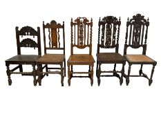 Five oak hall chairs of various designs