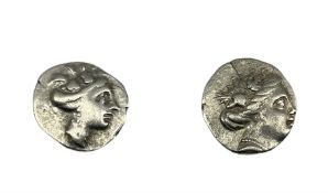 Two ancient Greek silver Euboea Histiaia tetrobol coins