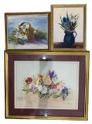 S Toft (British contemporary): Still Life of Irises in Vase and Wild Flowers in Basket
