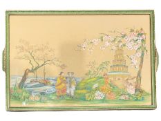 Chinese School (early 20th century): Chinese Women next to Temple and Cherry Blossom Tree