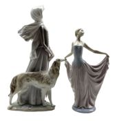 Lladro figure of a dancer no. 5050 and another modelled as a lady walking a Borzoi H40cm (a/f)