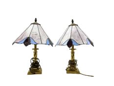 Pair of brass table lamps with Tiffany style shades
