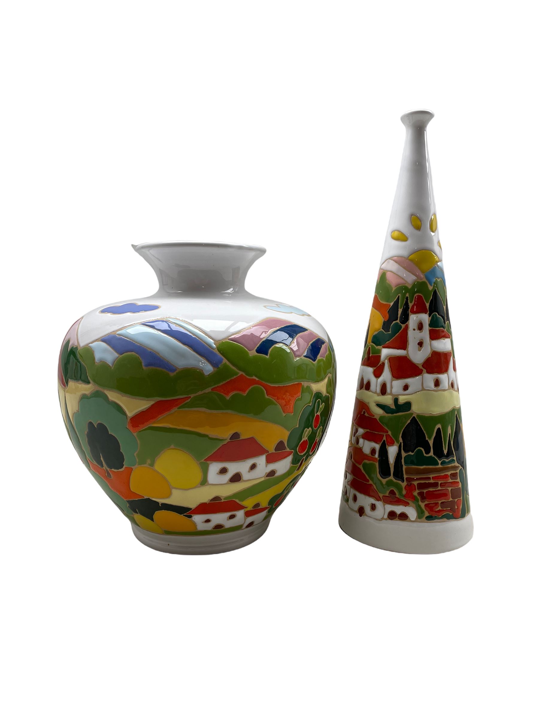 Italian Fravolini baluster vase decorated with landscapes H23cm and a matching tapering vase