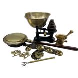 Vintage weighing scales with graduated weights and deep brass pan together with a 19th century bras