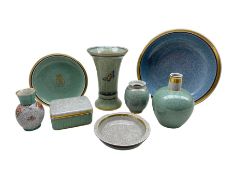 Group of Royal Copenhagen crackle glazed pottery including a blue circular bowl with gilt rim D25cm