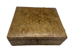 19th century tooled leather jewellery box stamped with initials M G and containing various cut steel