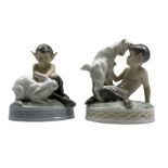 Two Royal Copenhagen figures 'Faun with Goat' no. 498 and 'Faun with Rabbit' no. 439