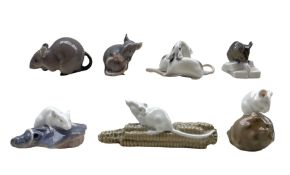 Six Royal Copenhagen porcelain mice comprising Mouse on Sugar no. 510