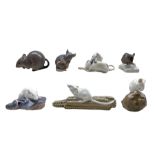 Six Royal Copenhagen porcelain mice comprising Mouse on Sugar no. 510