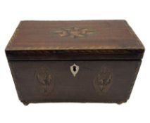 19th century mahogany tea caddy with chevron banding and inlaid with vases of flowers etc