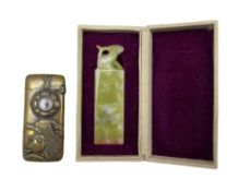 Japanese brass vesta case inset with a compass and a Chinese hardstone seal in case